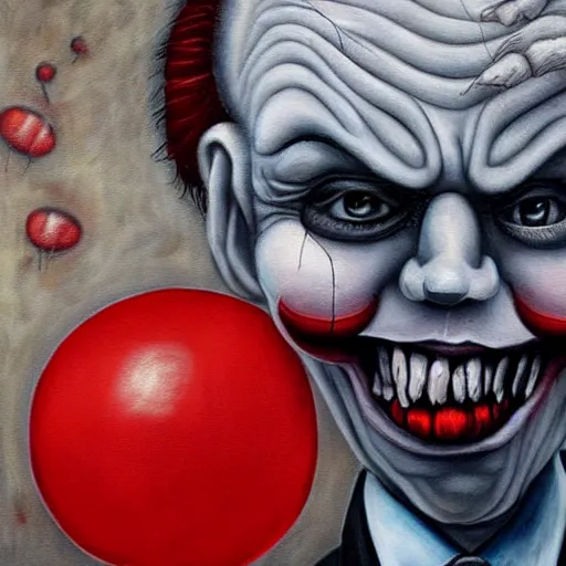 Image similar to grunge painting of donald trump with a wide smile and a red balloon by chris leib, loony toons style, pennywise style, corpse bride style, horror theme, detailed, elegant, intricate