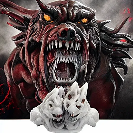 Prompt: horrifying rampaging beast, Cerberus hellhound with a thousand bloody maws, rippling with muscle and hatred, Precious Moments figurine, collectible, Amazon product photo