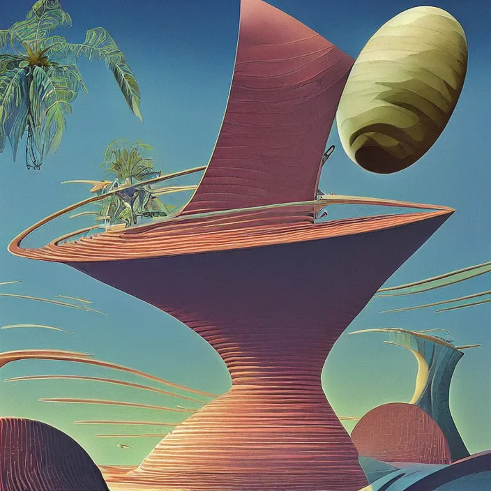 Image similar to tropical spacecraft, science fiction, extremely detailed, pastel colors, intricate, hard light, flat, illustration, volumetric lighting, digital painting, by roger dean, by santiago calatrava, by corbusier