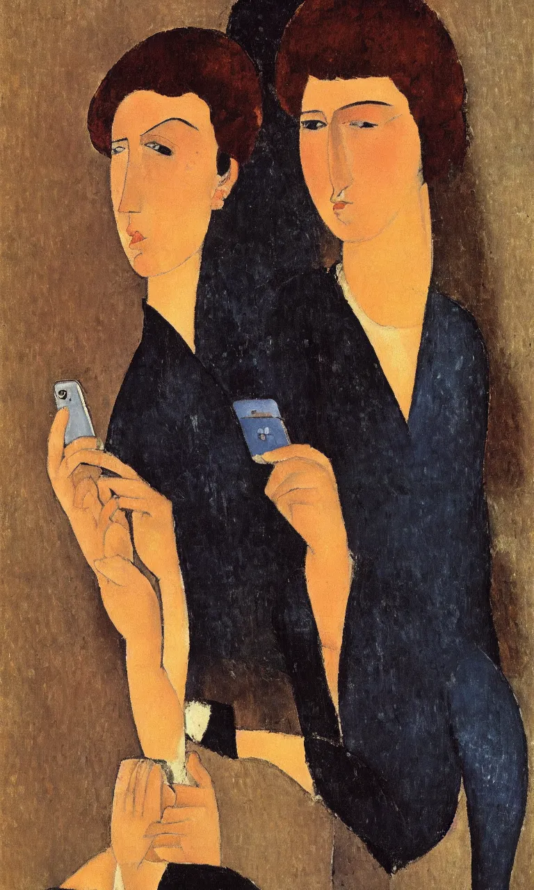 Image similar to amedeo modigliani. close up portrait of a woman with brown hair and a blue rollneck sweather holding an iphone in her hand. very soft brush.