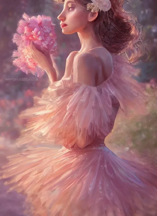 Image similar to stunningly beautiful face, prima ballerina in rose garden, symmetrical face, tutu, golden hour, smooth, focus, highly detailed, hyper realistic, ray tracing, dramatic lighting, elegant, intricate, concept art, art by wlop, mars ravelo, greg rutowski, artstation