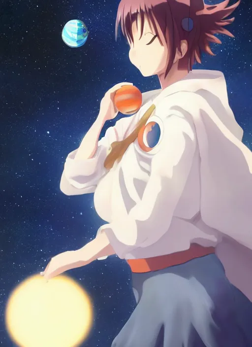 Image similar to a gigantic anime girl in outer space holding a planet in her hand. Anime, Makoto Shinkai, trending on ArtStation, digital art.