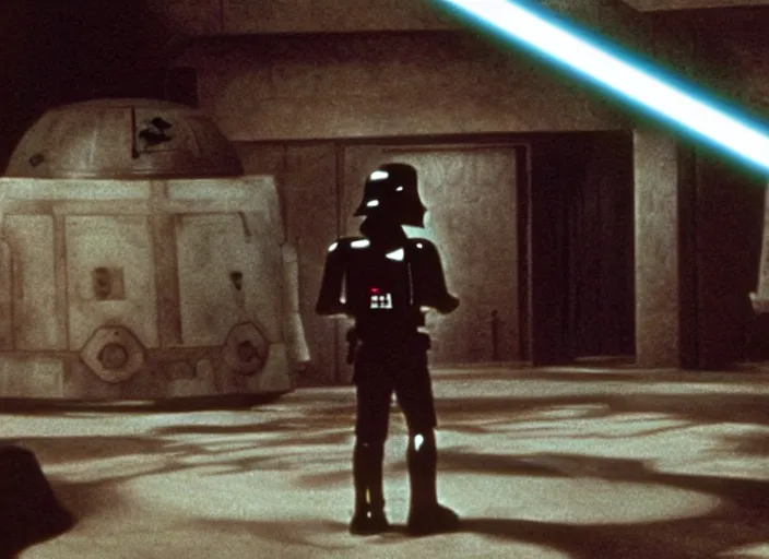 Image similar to screenshot from the iconic scene from the lost star wars 1980s film directed by Stanley Kubrick, cinematic lighting, unsettling set design with extreme detail, moody cinematography, with anamorphic lenses, crisp, detailed, 4k image