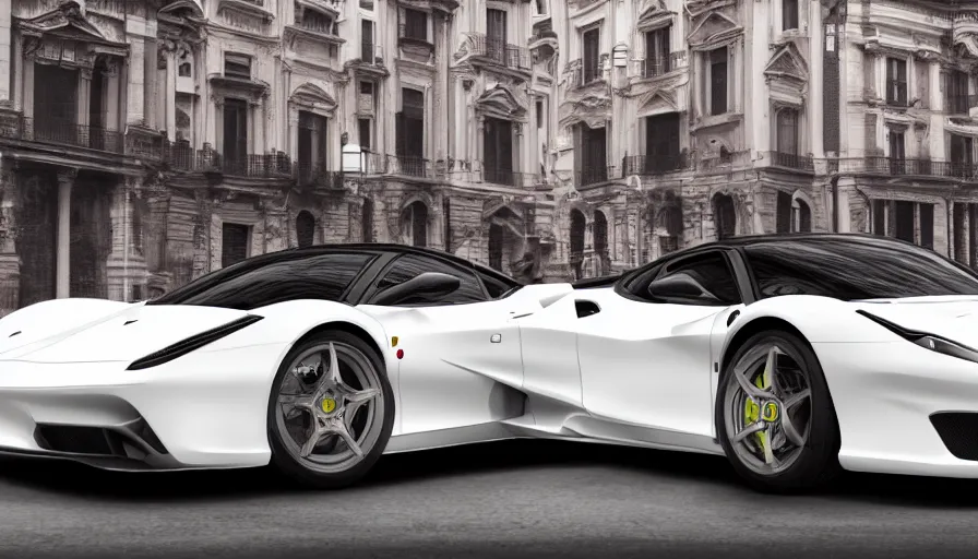 Prompt: White shinny Ferrari in Roma, hyperdetailed, artstation, cgsociety, 8k