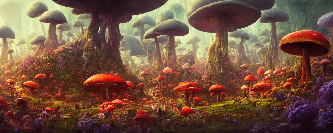 Prompt: ” whimsical world of giant mushrooms, flowers, trees, twisted roots and happiness, [ by paul lehr, cinematic, detailed, epic, widescreen, opening, establishing, mattepainting, photorealistic, realistic textures, octane render ] ”