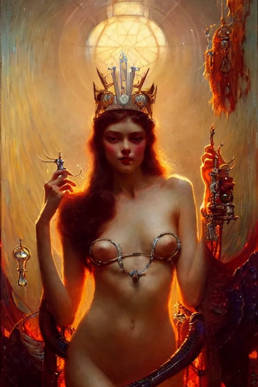 Prompt: queen of diamonds by gaston bussiere, bayard wu, greg rutkowski, giger, maxim verehin