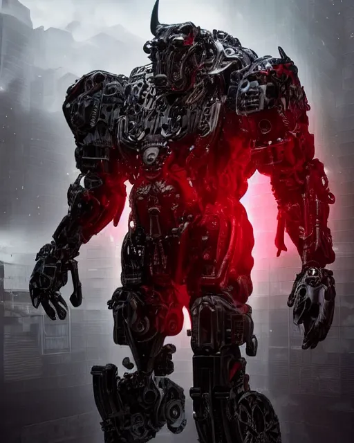 Image similar to a full body shot of an imposing cyborg ( bull ) modeled after a bull looking into the camera, android, cyborg, full body shot, intricate, 3 d, hyper realism, symmetrical, octane render, strong bokeh, fantasy, highly detailed, depth of field, digital art, artstation, red, concept art, cinematic lighting, trending