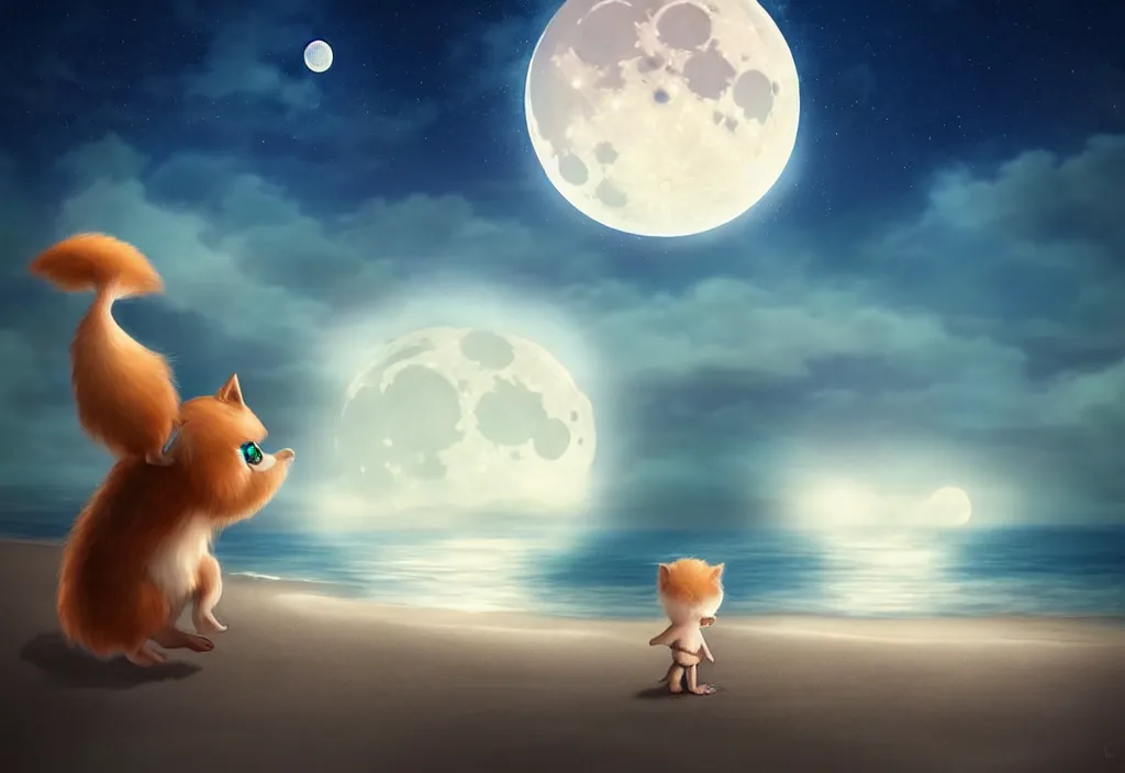 Image similar to cute magical fantasy animal at a beach looking at the moon, ultra realistic, concept art, highly detailed