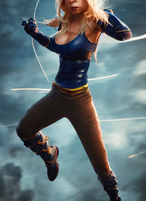 Image similar to An epic fantasy comic book style portrait painting of an athletic female thief with blonde hair dancing, unreal 5, DAZ, hyperrealistic, octane render, cosplay, RPG portrait, dynamic lighting, high detail