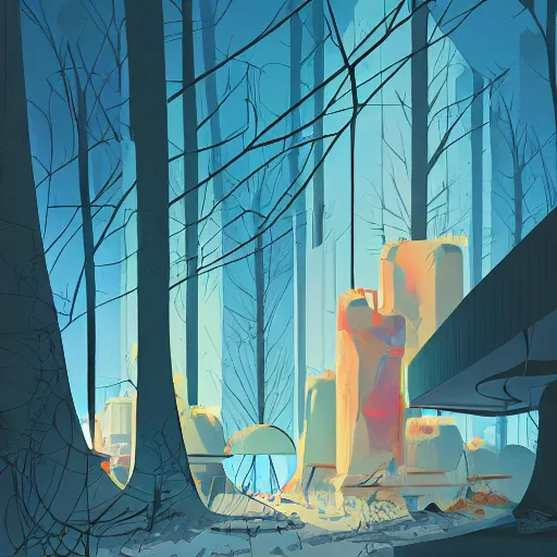 Image similar to an illustration of a post - modern building in the woods, trending on artstation, central composition, very cartoon, shape focus, high detailed, by anton fadeev