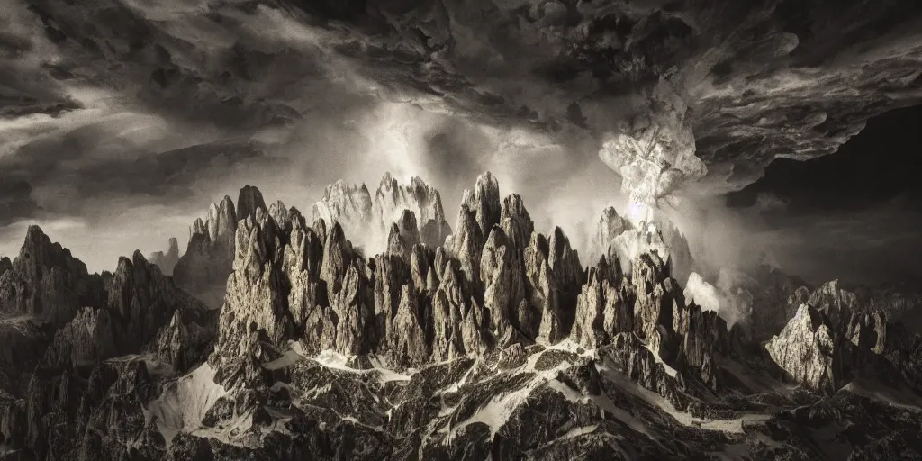 Prompt: photography of dolomites getting blown up, exploding, dolomites, alpine, detailed intricate insanely detailed octane render, 8k artistic 1920s photography, photorealistic, chiaroscuro, hd, by David Cronenberg, Raphael, Caravaggio