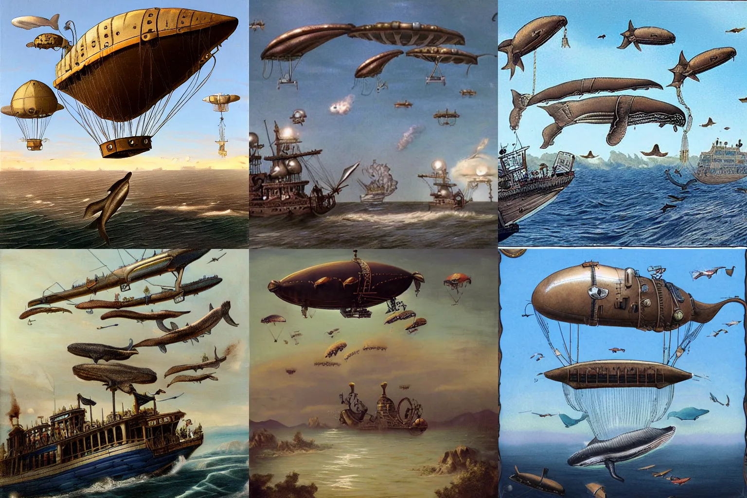 Prompt: whales jumping over steampunk airships