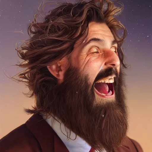 Prompt: an portrait of an male doctor laughing, beard, long hair, detailed, centered, digital painting, artstation, concept art, donato giancola, Joseph Christian Leyendecker, WLOP, Boris Vallejo, Breathtaking, 8k resolution, extremely detailed, beautiful, establishing shot, artistic, hyperrealistic, beautiful face, octane render, cinematic lighting, dramatic lighting, masterpiece