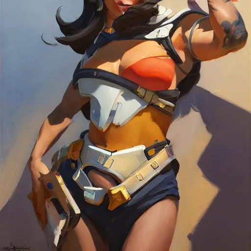 Image similar to greg manchess portrait painting of overwatch's characters pinup art, medium shot, asymmetrical, profile picture, organic painting, sunny day, matte painting, bold shapes, hard edges, street art, trending on artstation, by huang guangjian and gil elvgren and sachin teng