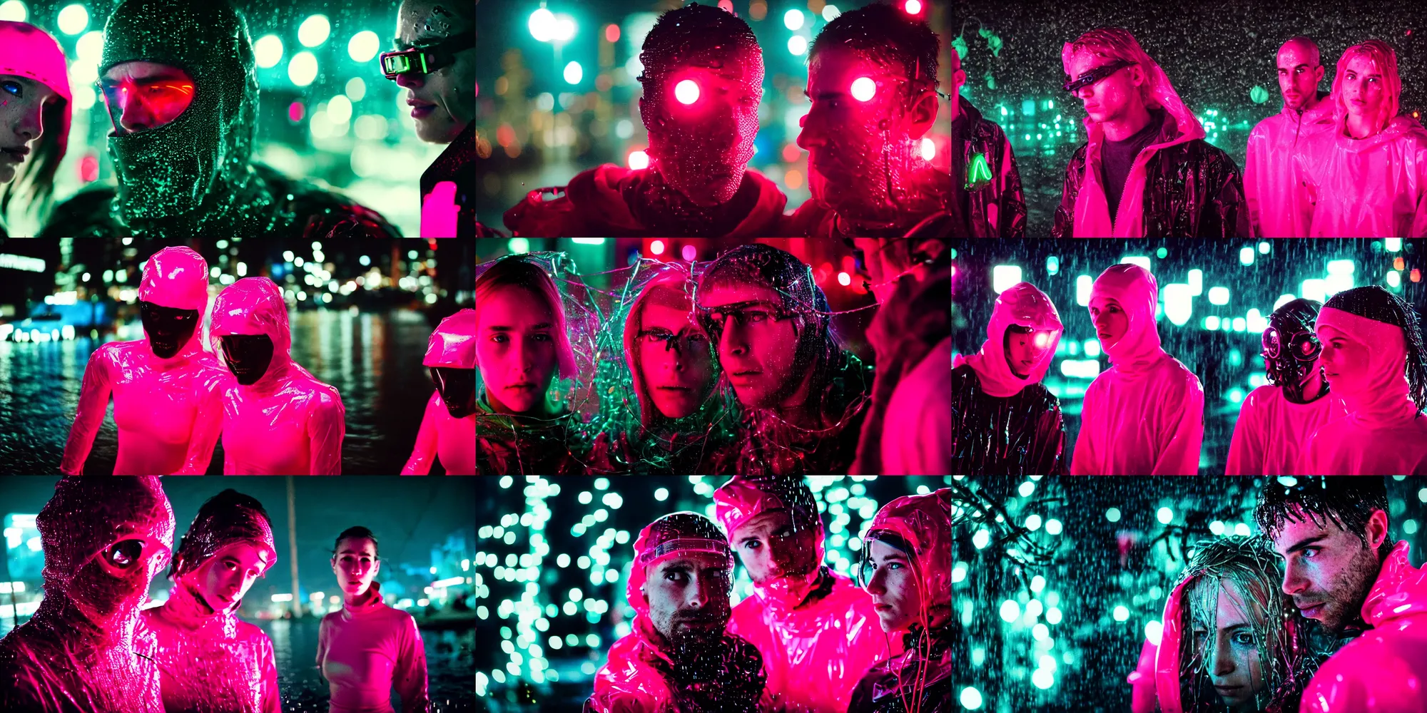 Prompt: cinestill 5 0 d candid photographic portrait by bruce davidson of two cyborgs wearing rugged neon pink mesh techwear in treacherous waters, wrapped in christmas tree lights, extreme closeup, modern cyberpunk moody depressing cinematic, pouring rain, 8 k, hd, high resolution, 3 5 mm, f / 3 2, ultra realistic faces, ex machina