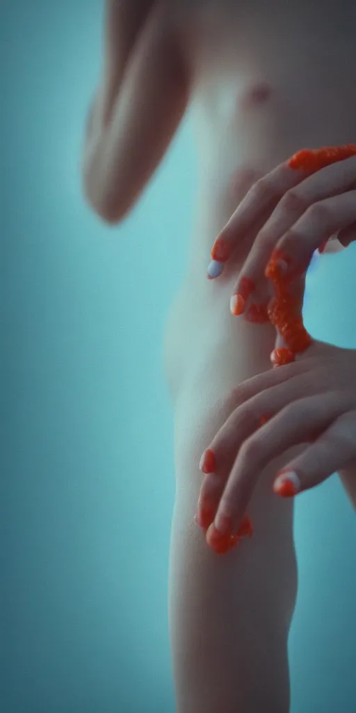 Image similar to a blurry closeup picture of woman's skin gripped tightly, female bodies, hands, macro photography, long exposure photograph, surrealism, anamorphic bokeh, orange and cyan lighting, cinematic