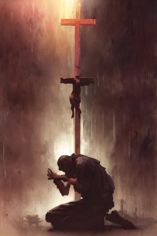 Image similar to man kneeling at the foot of a wooden cross, dramatic lighting art by Yoji Shinkawa by Richard Schmid by greg rutkowski by Sandra Chevrier by Jeremy Lipking cinematic dramatic, by frank miller, illustration by Ruan Jia and Mandy Jurgens and William-Adolphe Bouguereau, Artgerm, 4k, digital art, surreal, space dandy style, highly detailed, godsend, artstation, digital painting, concept art, smooth, sharp focus, illustration by Ruan Jia and Mandy Jurgens and William-Adolphe Bouguereau, Artgerm