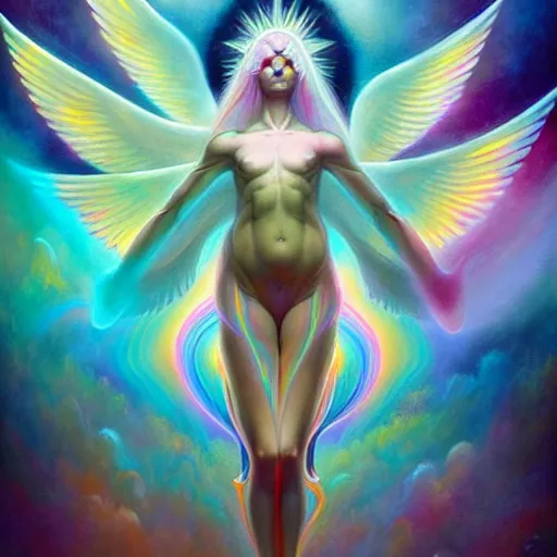 Image similar to psychedelic angelic celestial being artwork of hieu and peter mohrbacher, ayahuasca, energy body, sacred geometry, esoteric art, rainbow colors, divinity