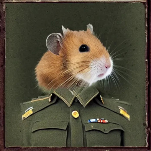 Prompt: “ a portrait of a hamster in military uniform, vietnam war theme ”