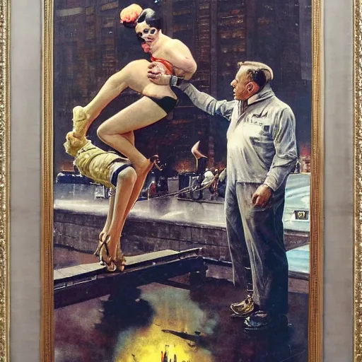 Image similar to the replicant sapper morton from blade runner lifts someonegrandmother above his head just to show how strong he is, painted by norman rockwell and tom lovell and frank schoonover