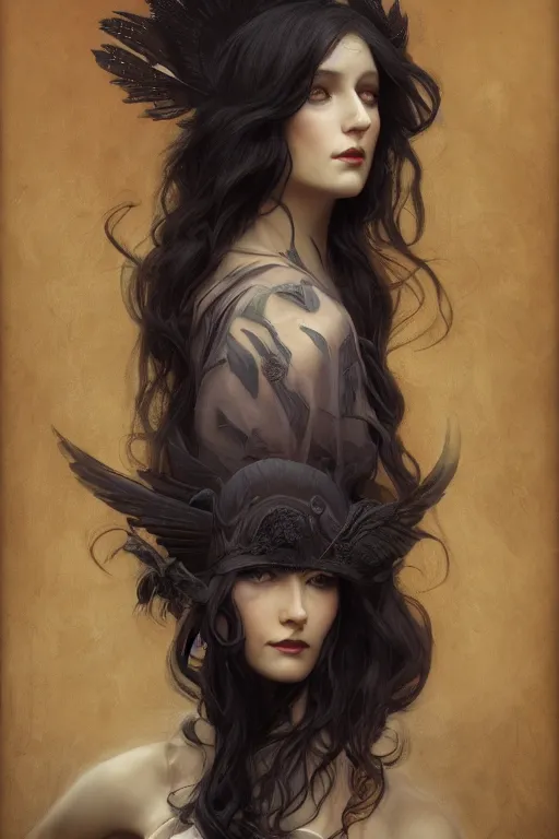 Image similar to a portrait of the Raven Queen, bored, illustration, dramatic lighting, soft details, painting oil on canvas, art nouveau, octane render, HDR, 4k, 8k, HD, by Edmund Blair Leighton, Brom, Charlie Bowater, trending on artstation, ,Tom Bagshaw faces by otto Schmidt