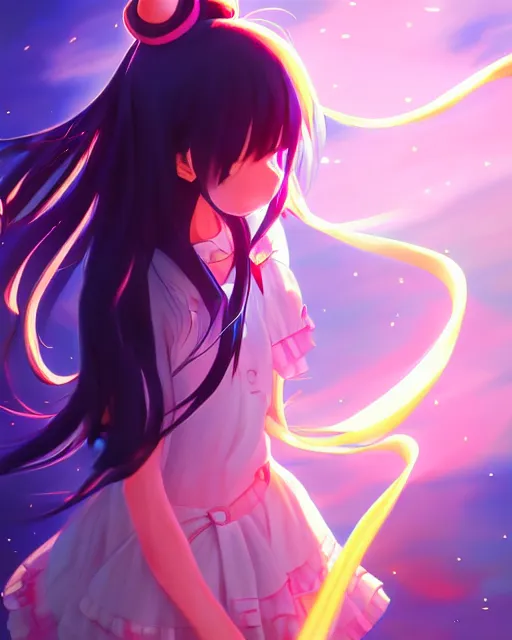 Image similar to anime style, vivid, expressive, full body, 4 k, painting, a cute magical girl with a long wavy black hair, stunning, realistic light and shadow effects, centered, simple background, studio ghibly makoto shinkai yuji yamaguchi