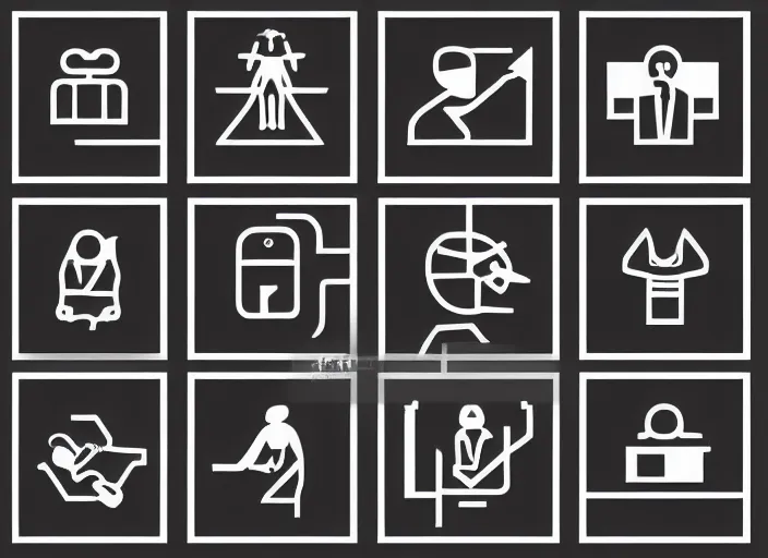 Image similar to a set of symbols and pictograms of people, technical manual graphic, logo design