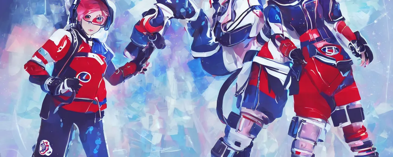 Prompt: a female anime cyberpunk super star ice hockey player, wearing a light futuristic equipment and conceptual space helmet, habs jersey with blue white and red color blocking, character concept exploration, outfit designs, trending on artstation, biggest ice rink in the galaxy