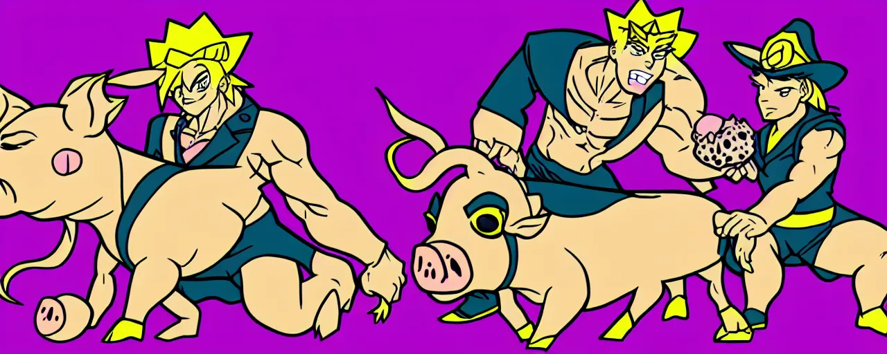 Prompt: king with pig head on a thrown style of JoJo’s bizarre adventure. Award winning. Cel animation