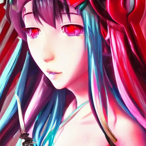 Image similar to portrait a hatsune miku, light effect, anime style hyper detailed, illustration, bloody, intricate, elegant, digital painting, artstation, smooth, sharp focus, art by leonardo da vinci.