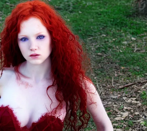 Image similar to award winning 5 5 mm close up face portrait photo of an anesthetic and beautiful redhead woman who looks directly at the camera with blood - red wavy hair, intricate eyes that look like gems, and long fangs, in a park by luis royo. rule of thirds.