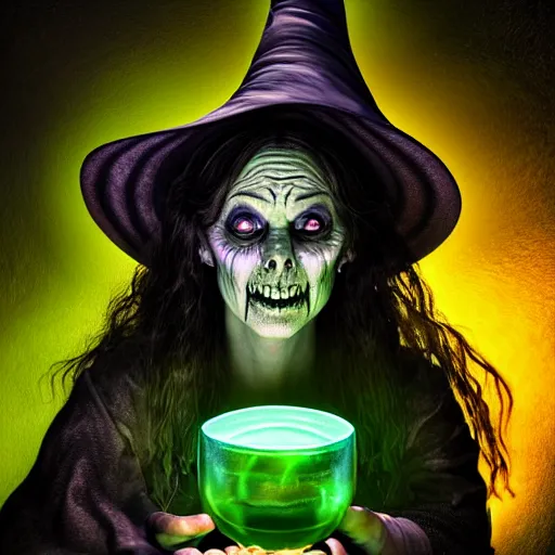 Image similar to a portrait of a scary ugly witch that is brewing a wicked potion in her cauldron that is marked with magical symbol that are glowing, highly detailed, digital photo, hdri, by christopher bretz and john carpenter, vivid colors, high contrast, 8 k resolution, intricate, photorealistic, smooth, psychedelic color scheme, concept art, award winning, cg society contest winner