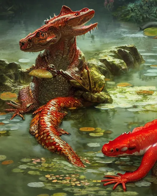 Image similar to game character beautiful giant kaiju sized pond dragon half fish half salamander, wet amphibious skin, red salamander, axolotl creature, koi pond, korean village by Ruan Jia and Gil Elvgren, fullbody