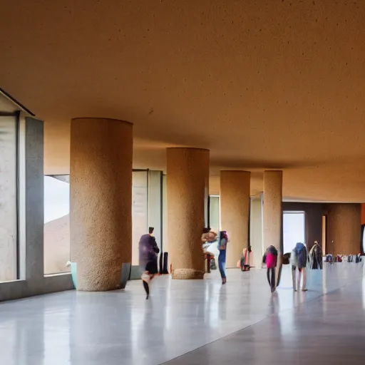 Image similar to indoor photo of a complex cultural building made of totemic rammed earth, people walking