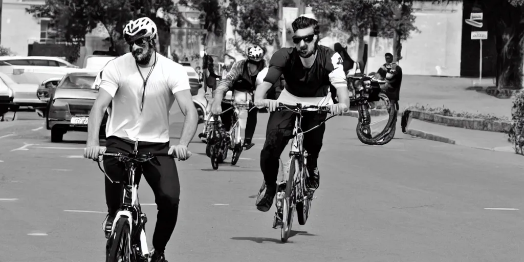 Prompt: gigachad riding a bike black and white