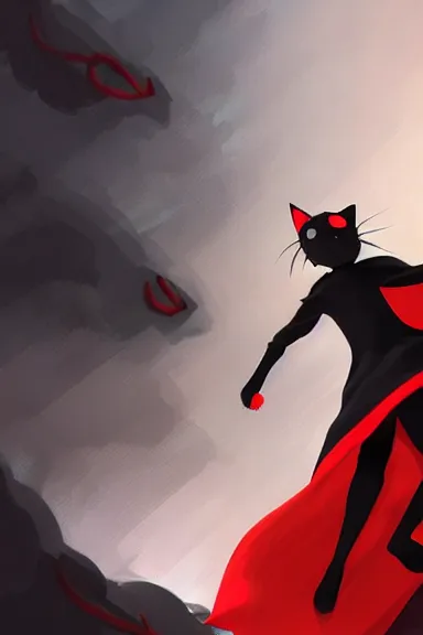 Image similar to little boy with cat ears in an black outfit with red cape. digital artwork made by lois van baarle and kentaro miura and marc simonetti, sharpness focus, inspired by hirohiko araki, anatomically correct, heroic composition, hero pose, smooth