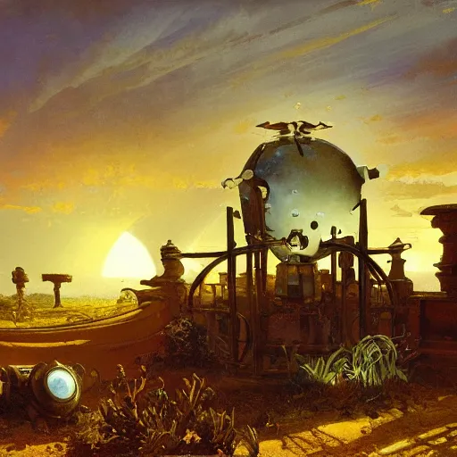 Image similar to painting of syd mead artlilery scifi organic shaped well with ornate metal work lands on a farm, fossil ornaments, volumetric lights, purple sun, andreas achenbach