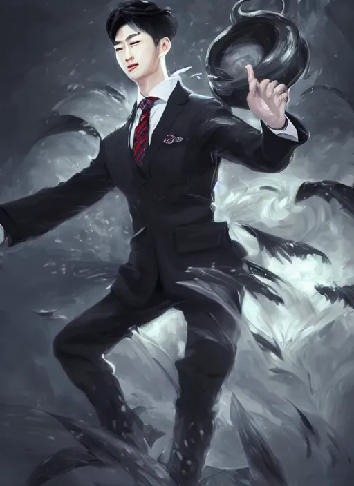 Prompt: a highly detailed illustration of attractive korean man with bowl cut black hair wearing shirt and tie, wielding giant black mist claws pose, tired expression, black mist surrounding background, intricate, elegant, highly detailed, centered, digital painting, artstation, concept art, smooth, sharp focus, league of legends concept art, wlop.