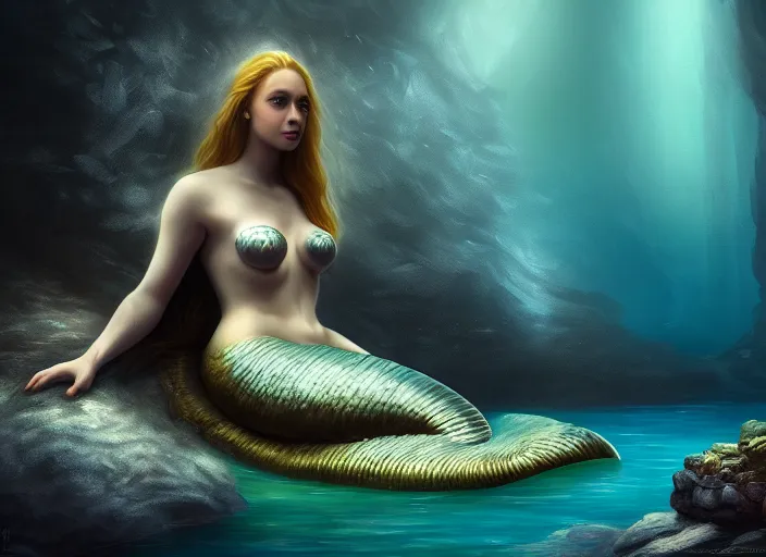 Image similar to soft painting portrait of an armored mermaid sitting on a rock in a river in an underground cave. fantasy magic style. highly detailed 8 k. intricate. lifelike. soft light. cinematic post - processing