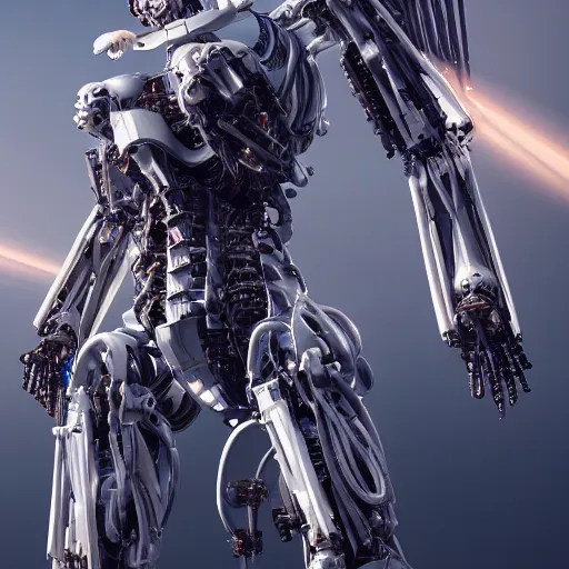 Image similar to biomechanical mecha, rays of light. Style of westworld, cables, lights, searchlight, weta digital, octane render, insane details, ultra realistic, beatifully lit, reflections