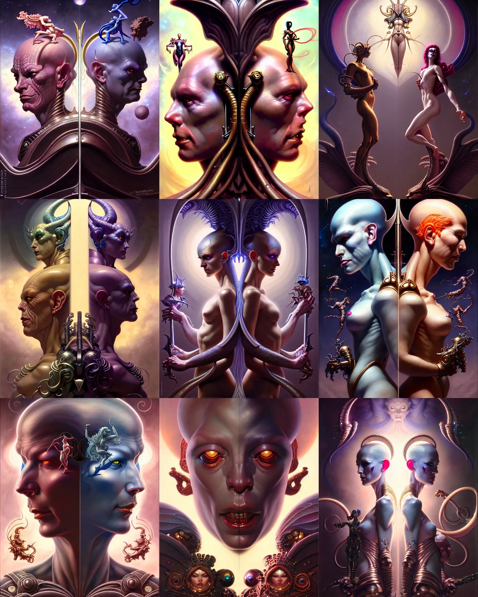 Image similar to beautiful gemini good and evil fantasy character portrait, ultra realistic, wide angle, intricate details, the fifth element artifacts, highly detailed by peter mohrbacher, hajime sorayama, wayne barlowe, boris vallejo, aaron horkey, gaston bussiere, craig mullins