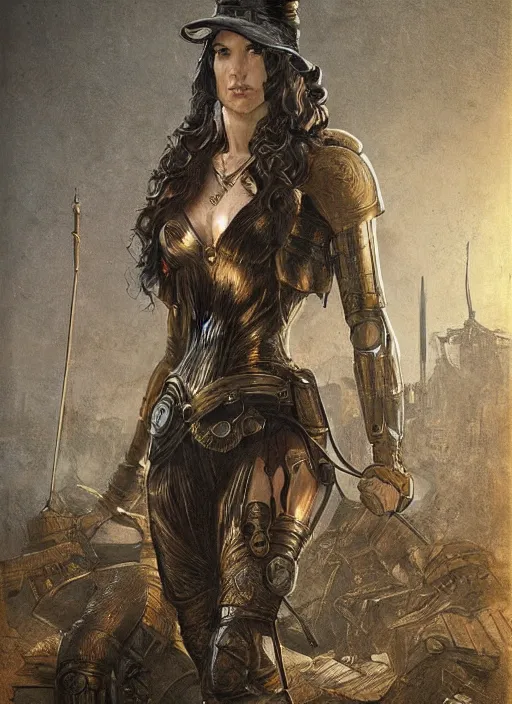 Image similar to highly detailed steampunk gal gadot standing, steel age : leonardo da vinci, greg rutkowski, magali villeneuve