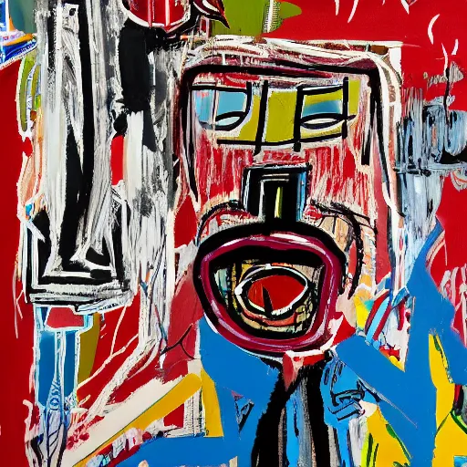 Prompt: Chaotic Morning. Sunlight is pouring through the window lighting the face of an old man drinking from a red cup of coffee. Detailed and intricate brush strokes and acrylic lines , oil paint stick and spray paint on canvas, markers, paper collage, crayon and colour transfer on printed paper and on canvas. Painting by Basquiat, 1982