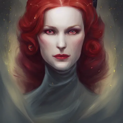 Image similar to a detailed matte head - on portrait painting of an middle - aged tiefling elegant and distinguished noblewoman with golden eyes and short long flowing red hair, by charlie bowater, lise deharme, wlop, tending on arstation, dungeons and dragon, dnd, pathfinder, fanart, oil on canvas