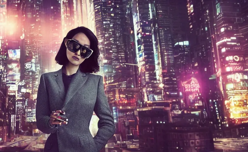Prompt: a wide shot of a woman with a wool suit, wearing an omega speedmaster on her wrist in a dystopian city at night with cyberpunk lights
