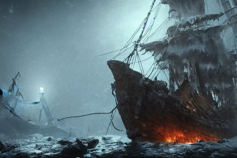 Prompt: a pirate ship with elaborate design driven by skeletons in the middle of a snowstorm, dark souls inspired, elden ring inspired, octane render, rtx, unreal engine 5, digital painting, trending on artstation, highly detailed, epic composition, 8 k uhd