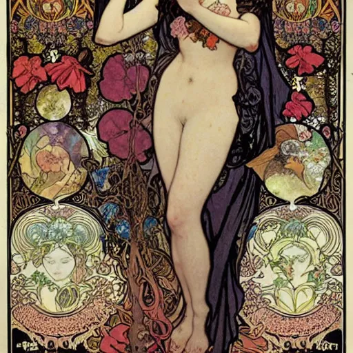 Image similar to persephone as goddess of death and flowers, dark atmosphere, painted by alphonse mucha