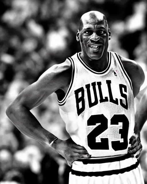 Image similar to photograph of michael jordan in a chicago bulls uniform, in the styles of cameron look, andrew bernstein, and ansel adams. monochrome hdr, intense face, accurate facial details