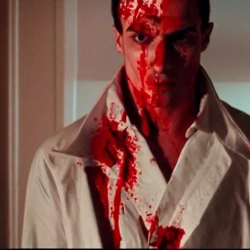 Prompt: An egyptian pharaoh as The American Psycho, cinematic still, covered in blood