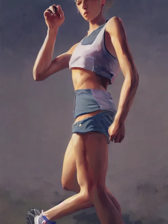 Prompt: an ultradetailed beautiful portrait painting of a girl training for a marathon, side view, oil painting, high resolution, by ilya kuvshinov, greg rutkowski and makoto shinkai